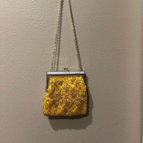 Pretty Vintage Yellow Hand Beaded Evening Bag/Purse - Picture 1 of 9